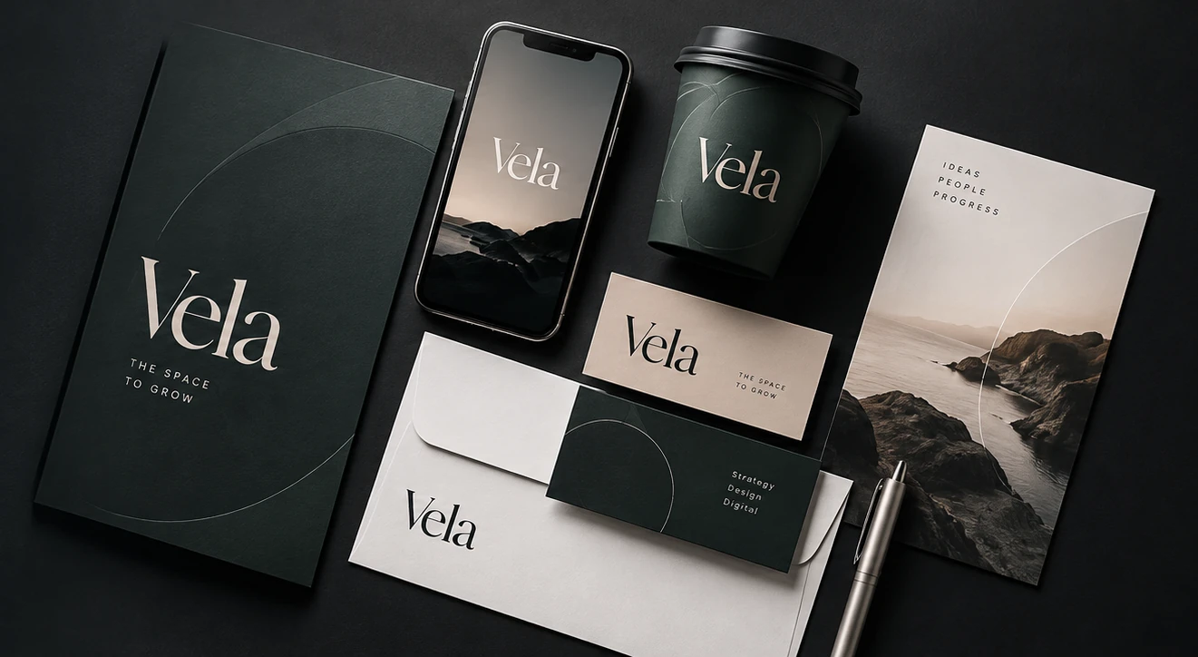 Fictional Vela brand concept shown across coordinated stationery, phone, coffee cup and print materials