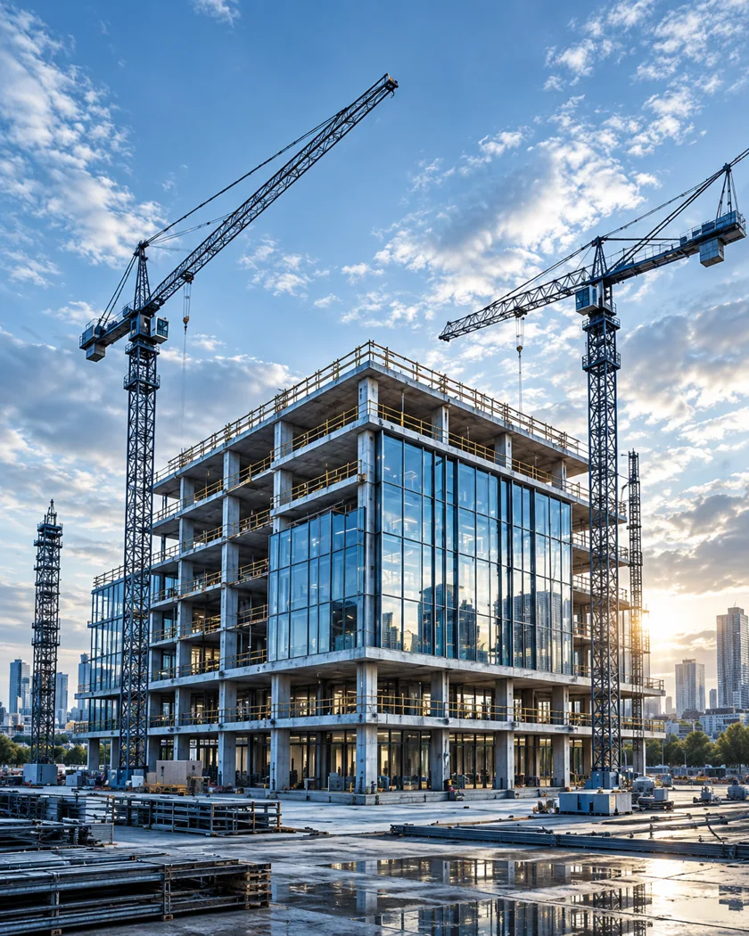 Modern multi-storey construction project with cranes