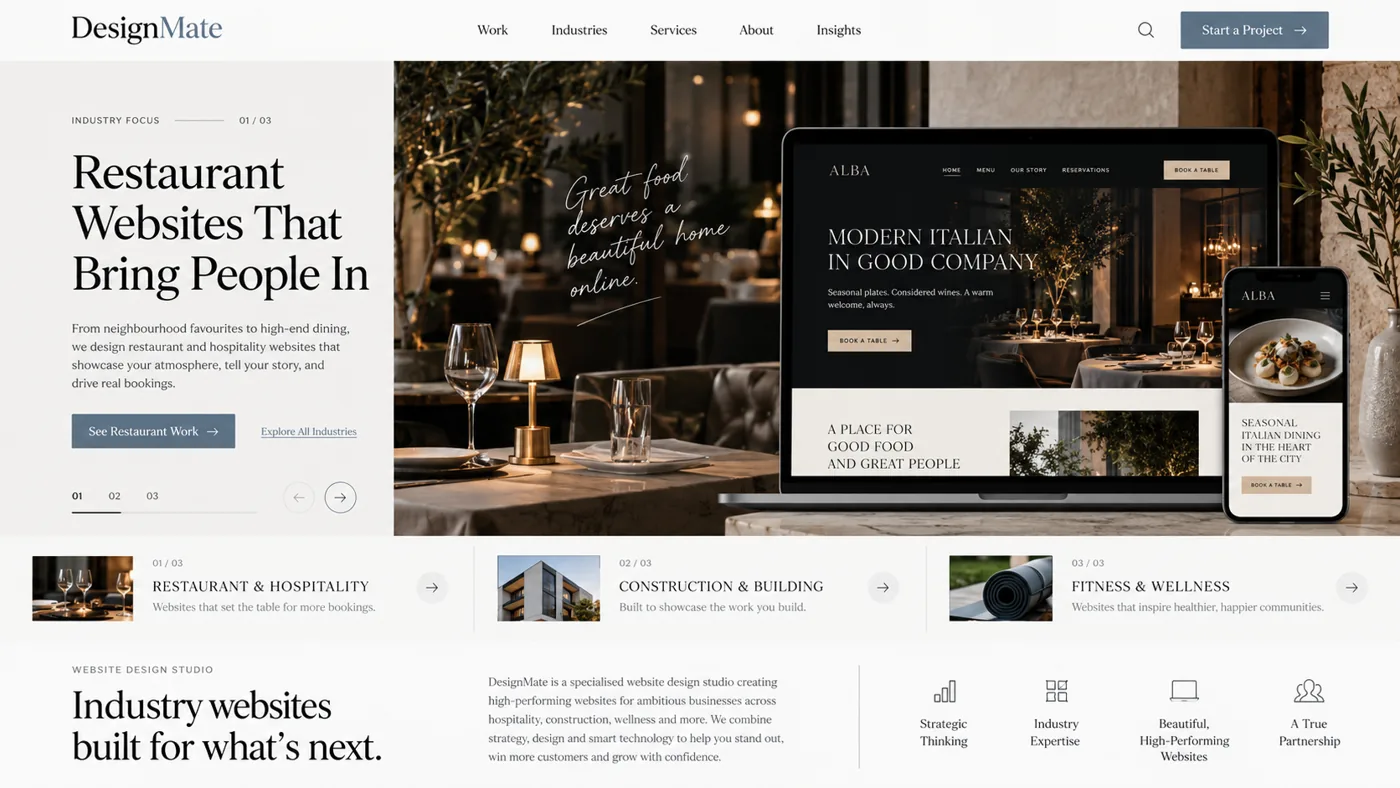 Illustrative restaurant website design concept on desktop and mobile