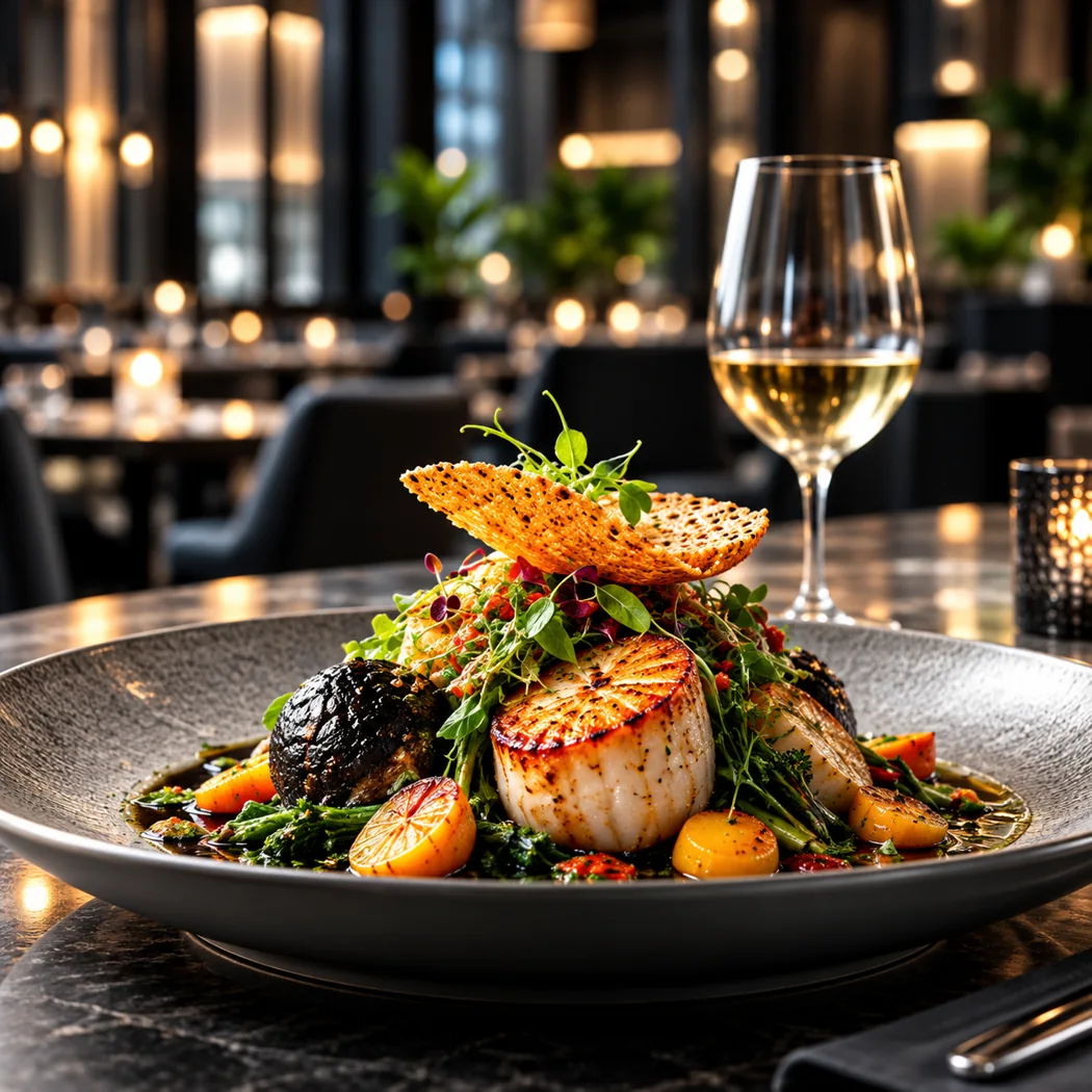 Beautifully presented restaurant food in a dining setting